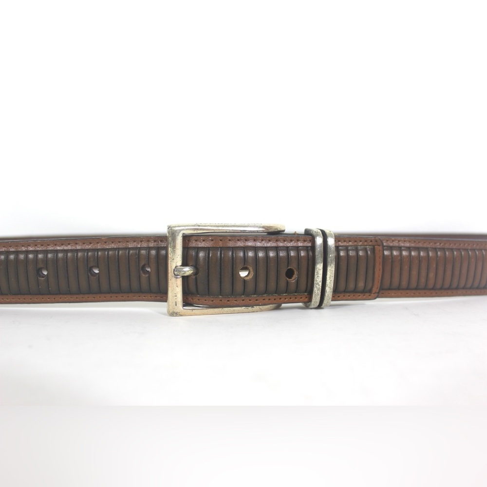 Italian Style Cognac Brown Leather Belt Two Tone Unisex Silver Buckle